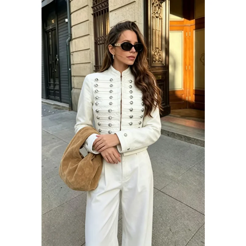 Women Y2K Cropped Denim Jacket 2026 New Arrival Stand Collar Multi Silver Buttons Long Sleeve Cotton Casual Short Jean Coat