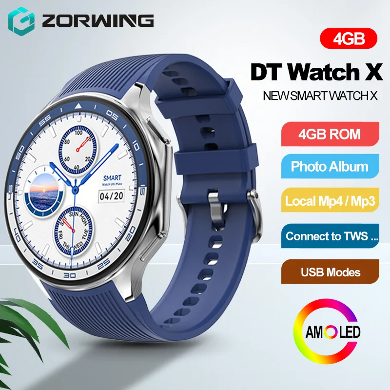 

DT Watch X Smart Watch AMOLED Men Women USB Modes 4GB ROM Photo Album Local MP3 Video Heart Rate Blood Oxygen Sport Smartwatch