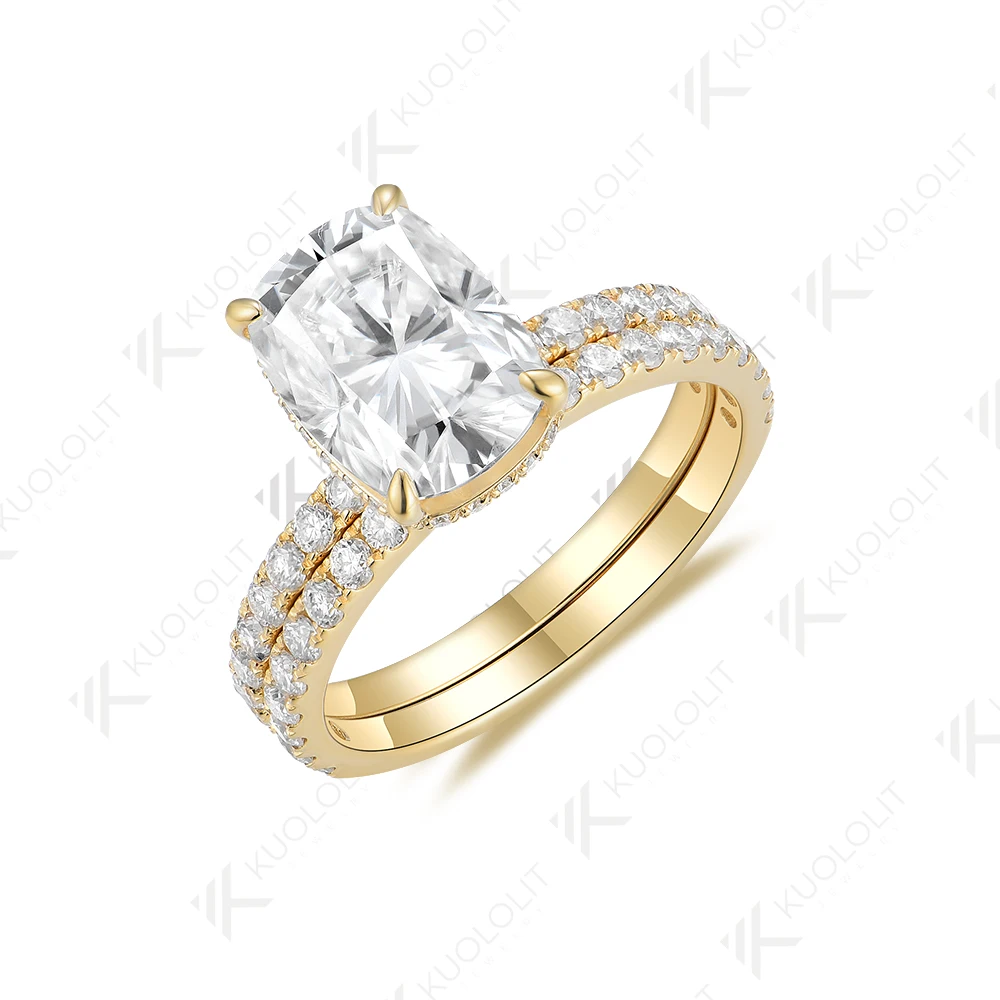 Unbranded Women Elongated Cushion Cut Moissanite Ring Set Solid Yellow Gold Band Available In 10K 14K(585) 18K Fine Bridal Jewelry Engagement Wedding Party Anniversary Birthday Gift For Bride Her