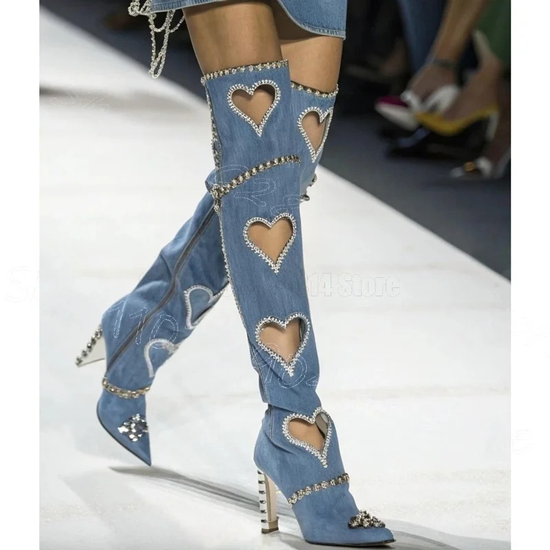 

Crystal Hollow Heart Design Blue Denim Boots Side Zipper Women Shoes Chunky High Heels Pointy Toe Feast 2026 Zapatos Para Mujere