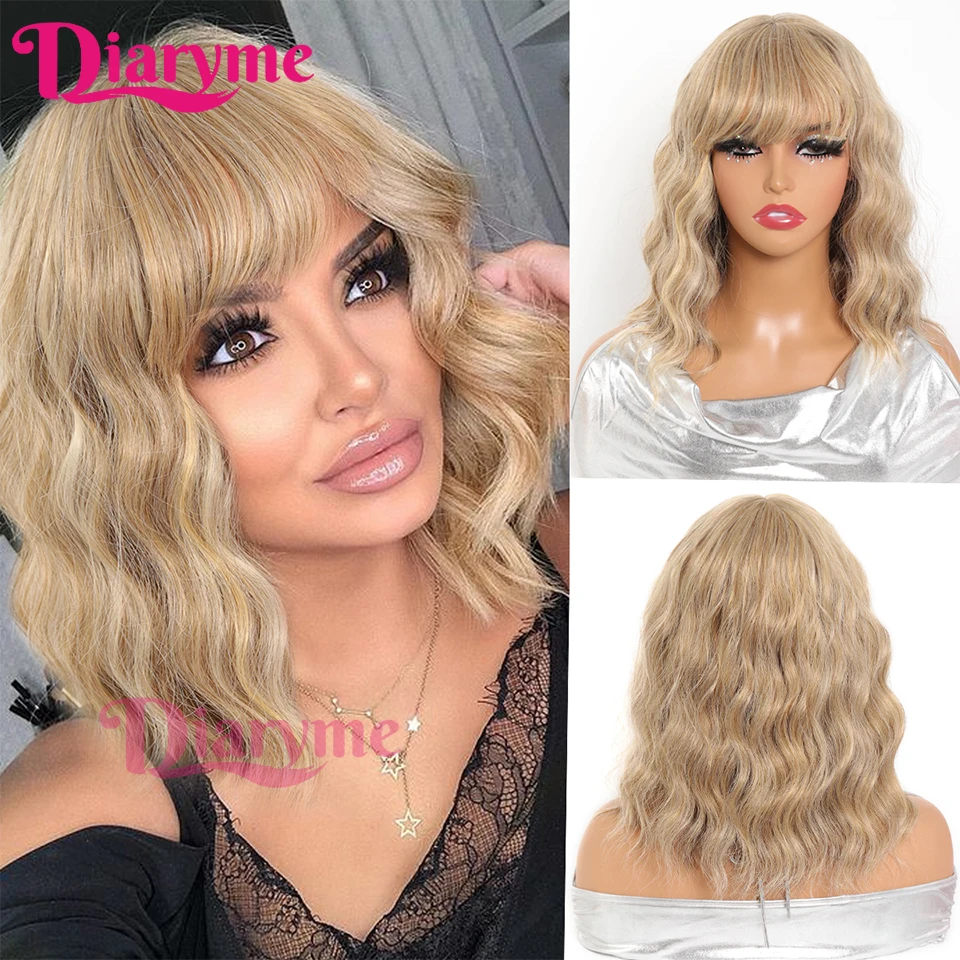 

Synthetic Blonde BOB Wig with Bangs For Women Shoulder Length Bob Wavy Wigs With Natural Water Wave Heat Resistant Hair Black Pi