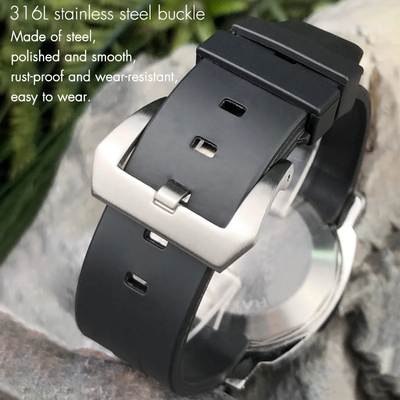 24mm Curved End Natural Rubber Watchband for Panerai LUMINOR SUBMERSIBLE PAM Silicone Waterproof Watch Strap Butterfly Buckle