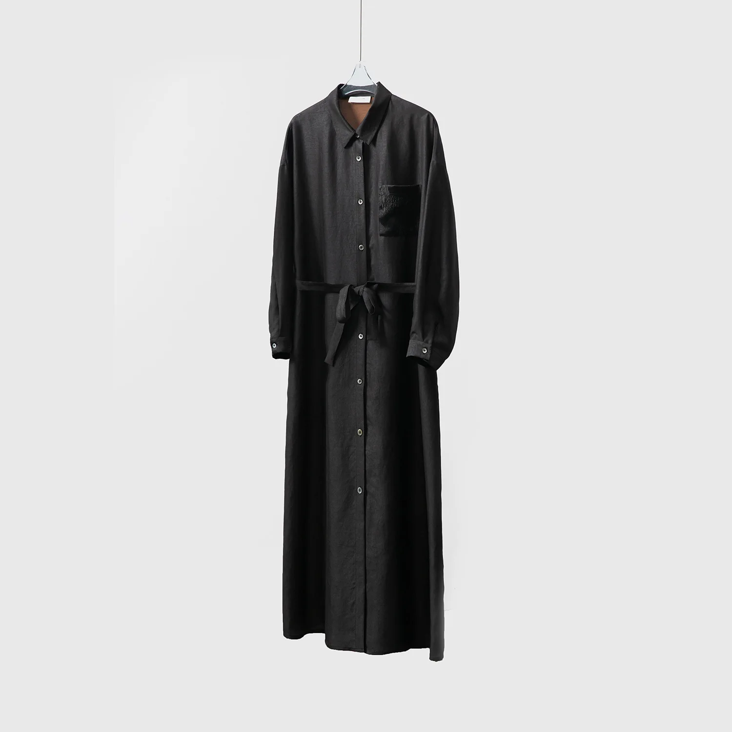 Real Silk Gambiered Guangdong Pattern Lapel Long-Sleeved Coat Single-Breasted Lace up Waist-Tight Mid-Length Shirt Dress