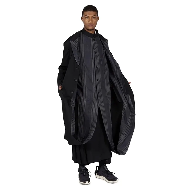 YOJI OOAK original design striped patchwork double shirt long coat asymmetrical fake two double coats