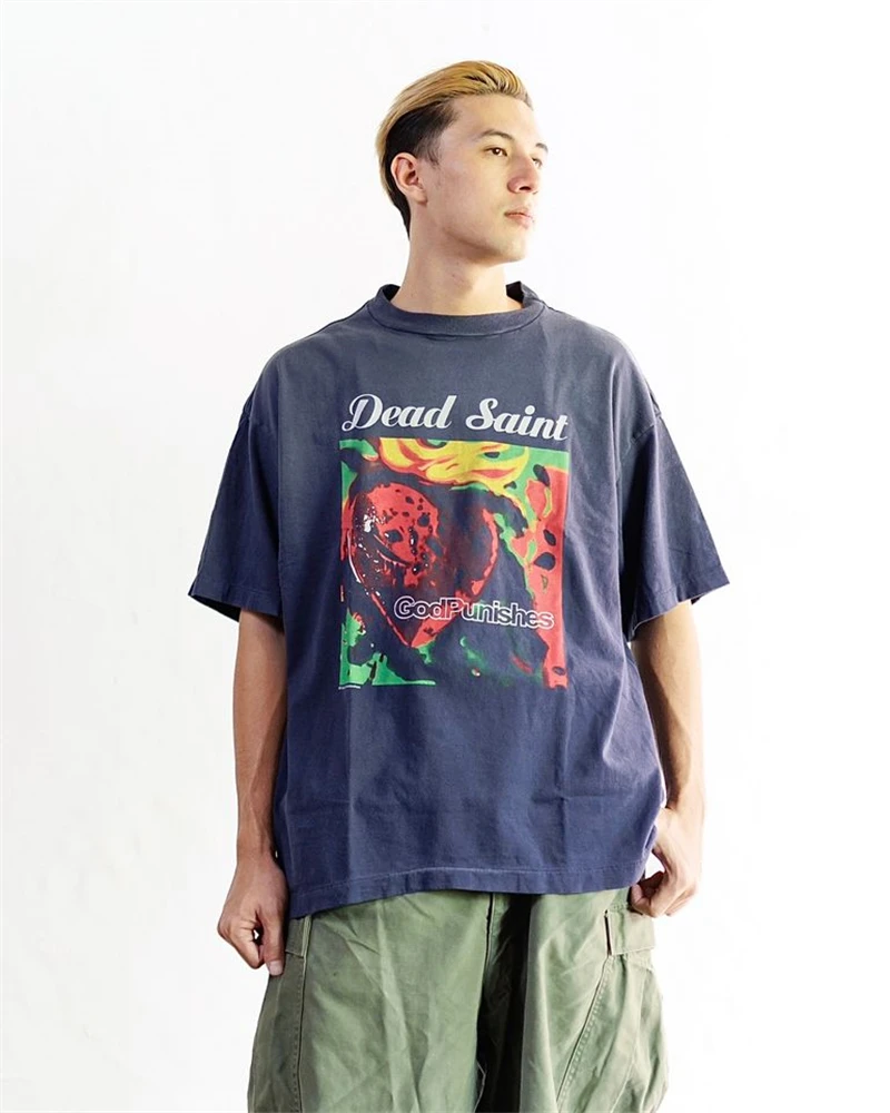 

Vintage Summer Saint Pattern Printed Japanese Short Sleeve High Street Casual Loose Washed Cotton Oversize Street T-shirt Trendy