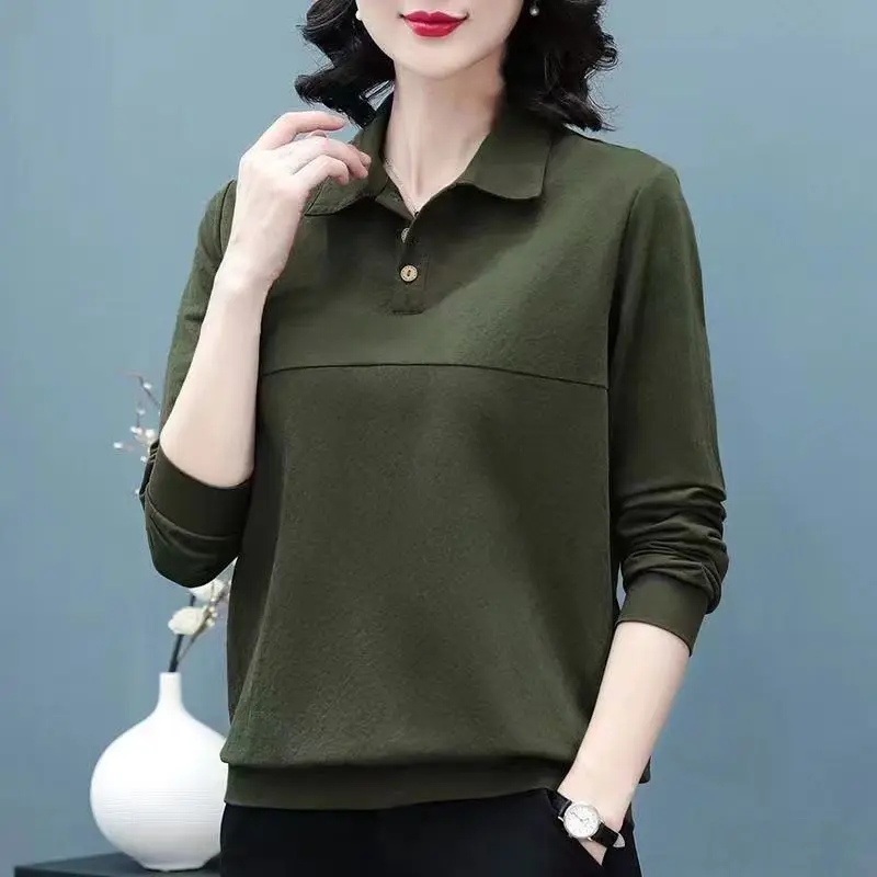 Commuter Versatile Women\'s Clothing Autumn and Winter New Spliced Buttons POLO Collar Long Sleeve Temperament Pullover Shirt