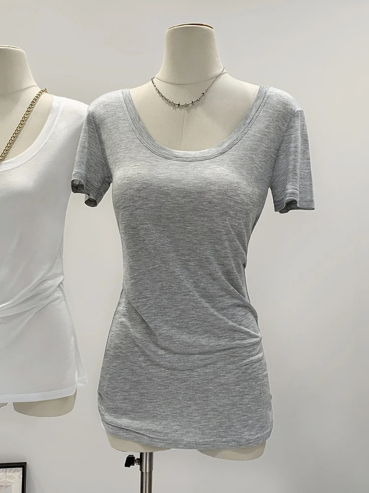 Women's Slim Fit Short Sleeve T-Shirt White Summer 2026 Butt Covering mid Length Waist Cinched Tight Inner Wear Top