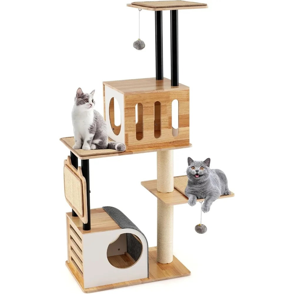 

Modern Cat Tree, Tall Multi-Level Cat Tower with Double Condos, Jumping Platforms, Dangling Balls, Sisal Carpets & Scra