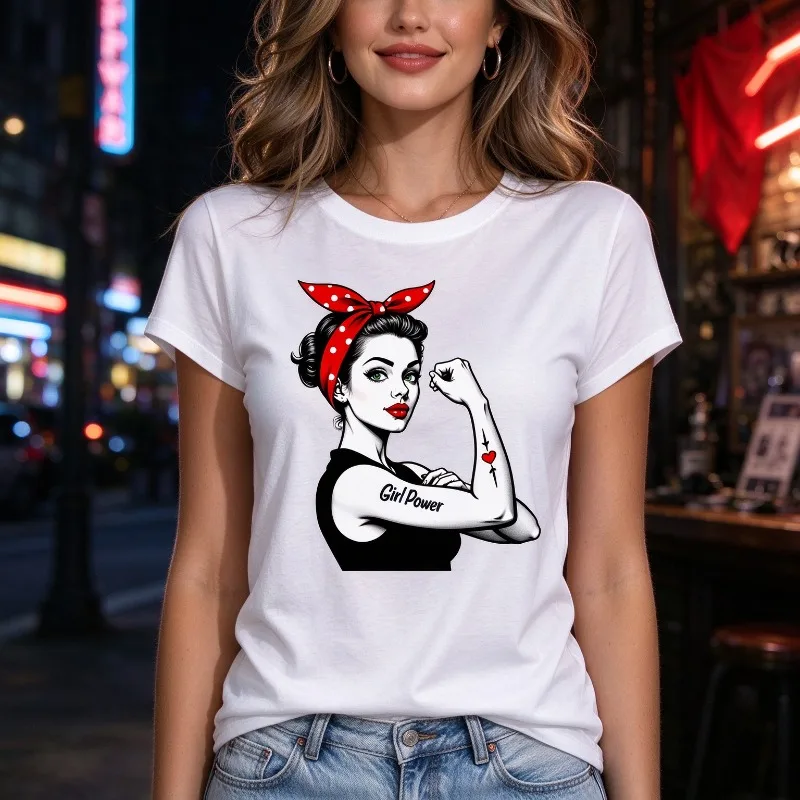 Girl Power Modal Women T-Shirt Retro Feminist Red Polka Dot Headband Heart Tattoo Casual Female Empowerment Fashion Tee