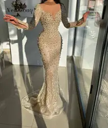 Arabic Champagne Pearls Beaded High Neck Long Sleeves Mermaid Wedding Evening Dresses Elegant Formal Prom Party Gowns for Lady