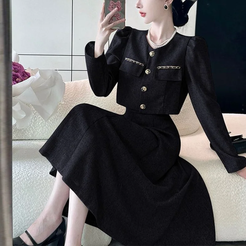 Women\'s Autumn New Leisure Suit Skirts Commuter Fashion Button Pocket Coat High Waist Half Skirt Long Sleeve 2-piece Skirt Set