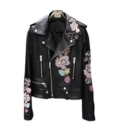 Spring 2023 new leather leather women's short style goatskin embroidered with lychee print motorcycle leather jacket jacket