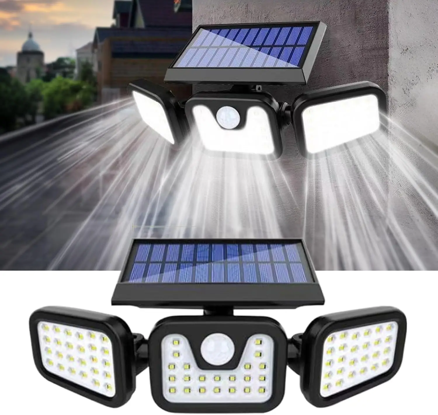 Solar Lights Outdoor, 3 Adjustable Heads Solar Security Lights Outdoor Motion Sensor, IP65 80 LEDs, Bright Light Easy to Install
