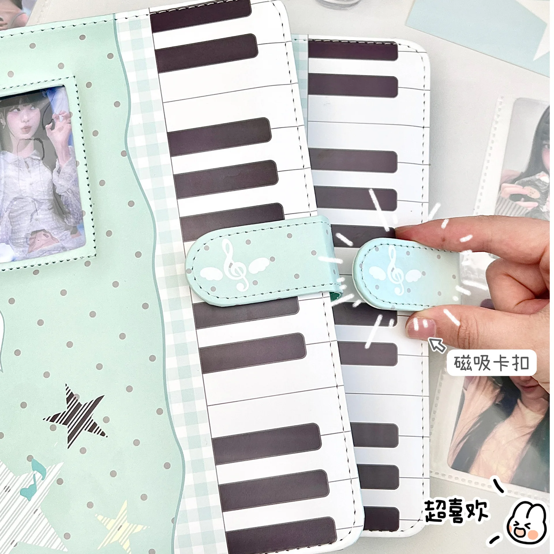 A5 Mint Green Piano Note Loose-Leaf Card Album Grid Pattern Polka Dot Star Magnetic Buckle Small Card Storage