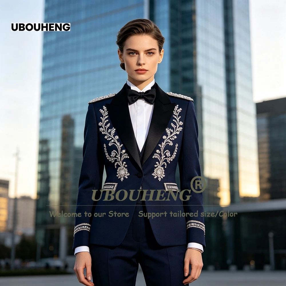 Brilliant Beaded Stones Suits Women Slim Fit Single Breasted Jacket Pants 2 Piece Sets Bride's Mother Dress Lady Business Attire