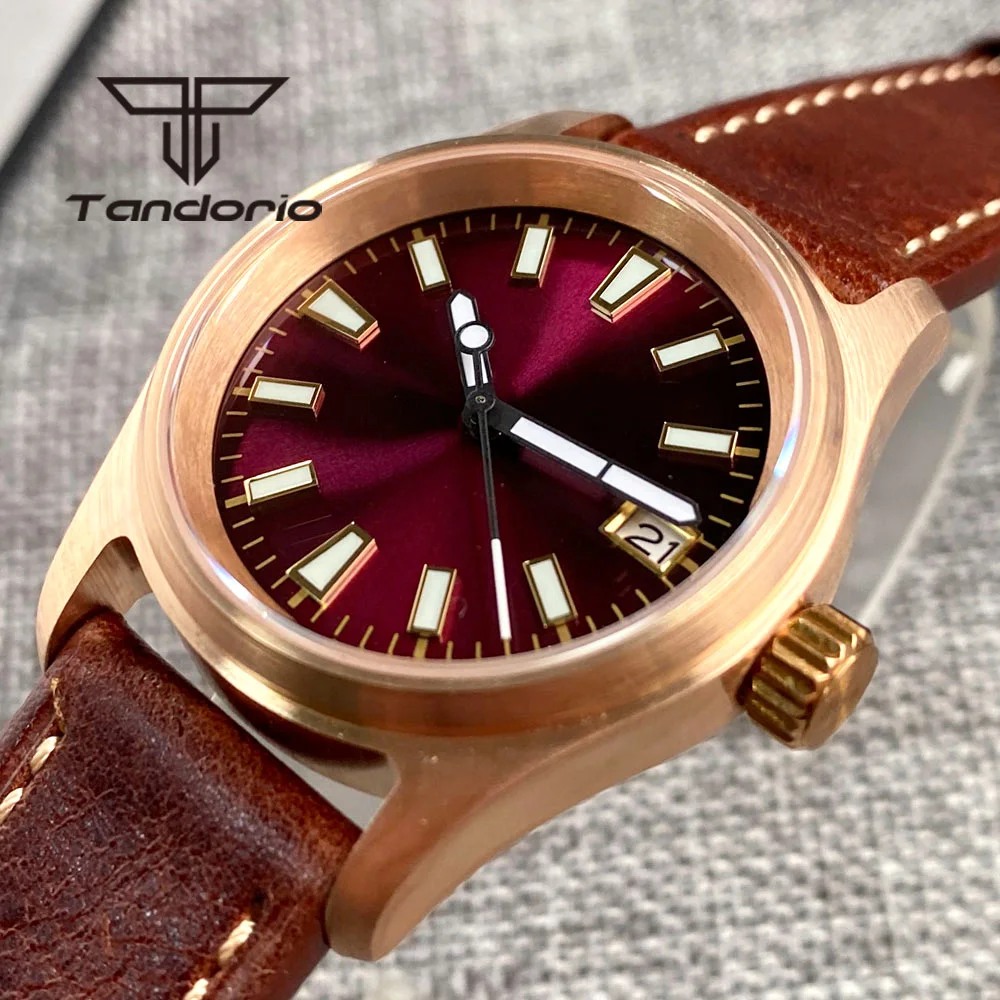 Tandorio NH35A Cusn8 Bronze 200M 36mm Lady Men\'s Pilot Automatic Watch Luminous Purple Sunburst Dial Sapphire Glass Date Leather