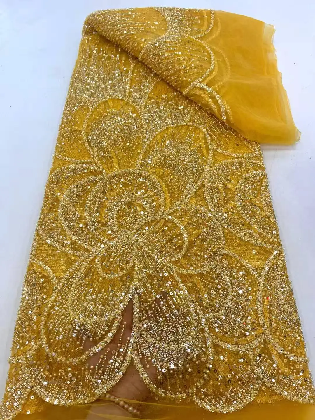 

Latest African Sequins Lace Fabric 2025 High Quality Lace Embroidery Beaded Mesh Fabric 5 Yards For Women Wedding Party Dress