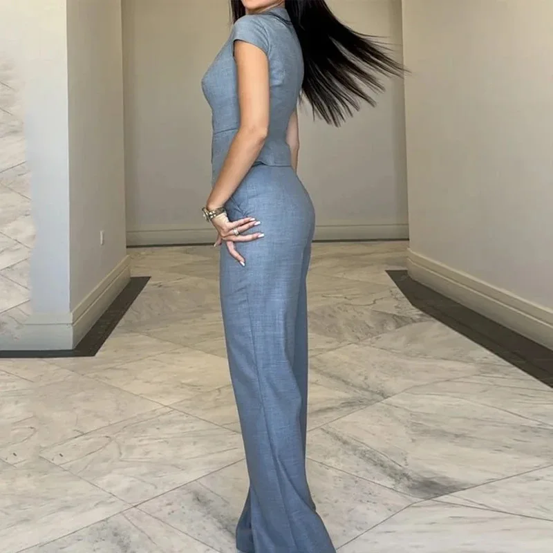 Set di pantaloni da donna Set da due pezzi con scollo a V Set coordinati Cappotti Pantaloni lunghi a gamba larga Vita alta Casual Y2k Streetwear Estate 2025