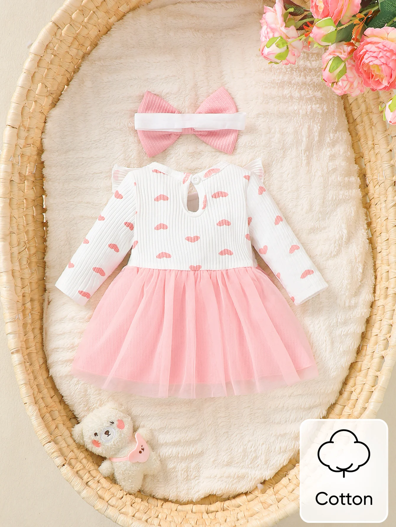 Neugeborenes Baby Mädchen Kleid Tüll Kleid mit kleinen Flügelärmeln und Stirnband Geeignet für 0-9 Monate Süßes Baby Mädchen Herbst Prinzessinnenkleid – Detail 2