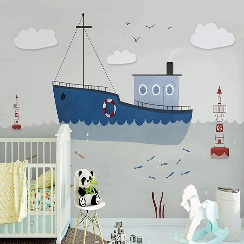 

Wallpaper For Kid's Room Custom Photo Mural Nordic Cartoon Ocean Ship Animal Background Wall Decoration Painting Eco-friendly