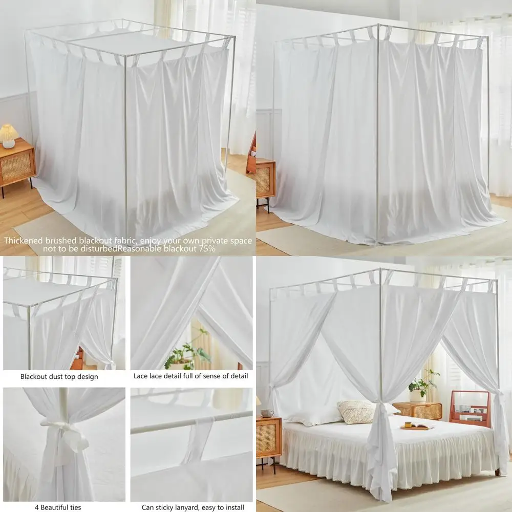 King Size Canopy Bed Curtains with Ties and Tie-backs for Windproof & Light-Blocking Bedroom Decor
