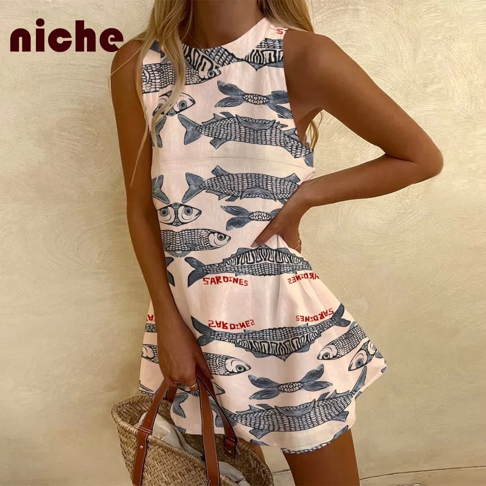 

Ladies Sleeveless Dress High Quality Slub Hemp Fabric Retro Sardine Graphic Printing Chic Trend New 2024 Beach Skirt