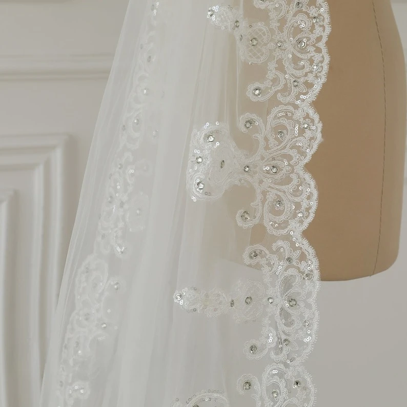 Vintage Mantilla Lace Chapel Cathedral Veil, One-Tier Beading Bride Veil, Custom Ivory Wedding Veil For Bridal