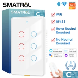 Tuya Smart Switch No Neutral Wire Wireless WiFi RF433 US Touch Switch 110-240V Timing 6 Gang Voice App For Alexa, Google Home