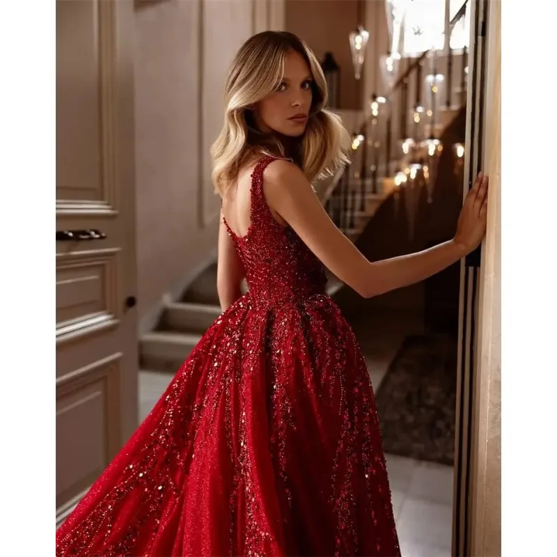 Robe de bal rouge trapèze de luxe, dos nu, avec fente latérale en cœur, longueur au sol, robe de soirée formelle personnalisée Manmuxi