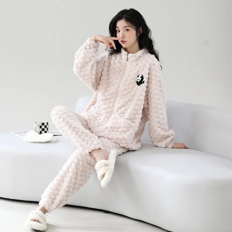 2024 New Winter Coral Velvet Pajamas Women's Long Sleeve Padded Plus Size Sleepwear Warm Autumn Zipper Flannel Loungewear Set
