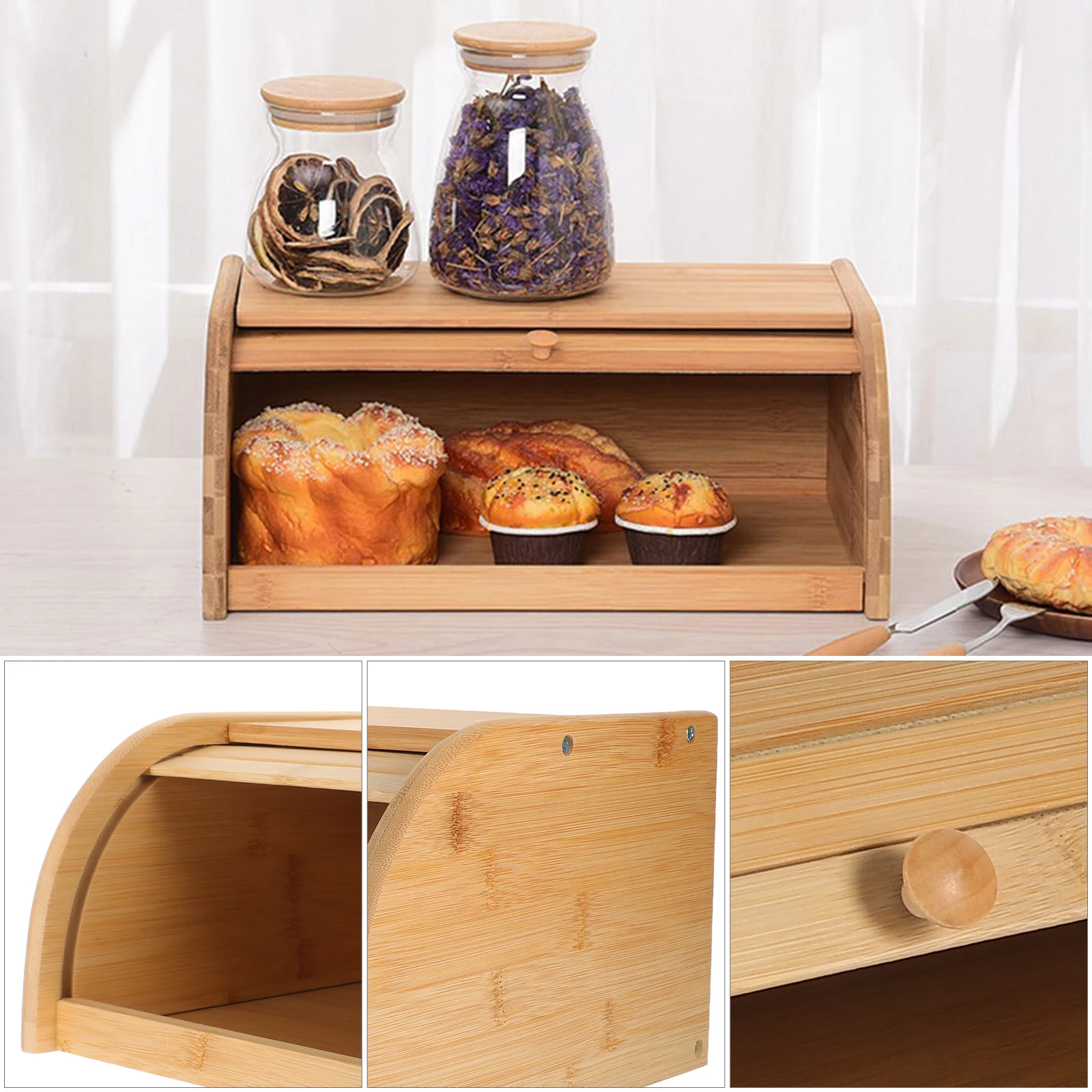 

1pc Bamboo Bread Box Wooden Kitchen Storage Bin For Bread Fruits Snacks Home Coffee Shop Use Food Organizer Container