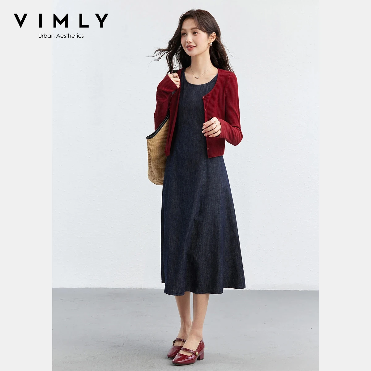 

VIMLY Women's Retro Two-Piece Set 2026 Spring New Knit Long Sleeve Cardigan Sleeveless Midi Dress Elegant Color Block Set A6053