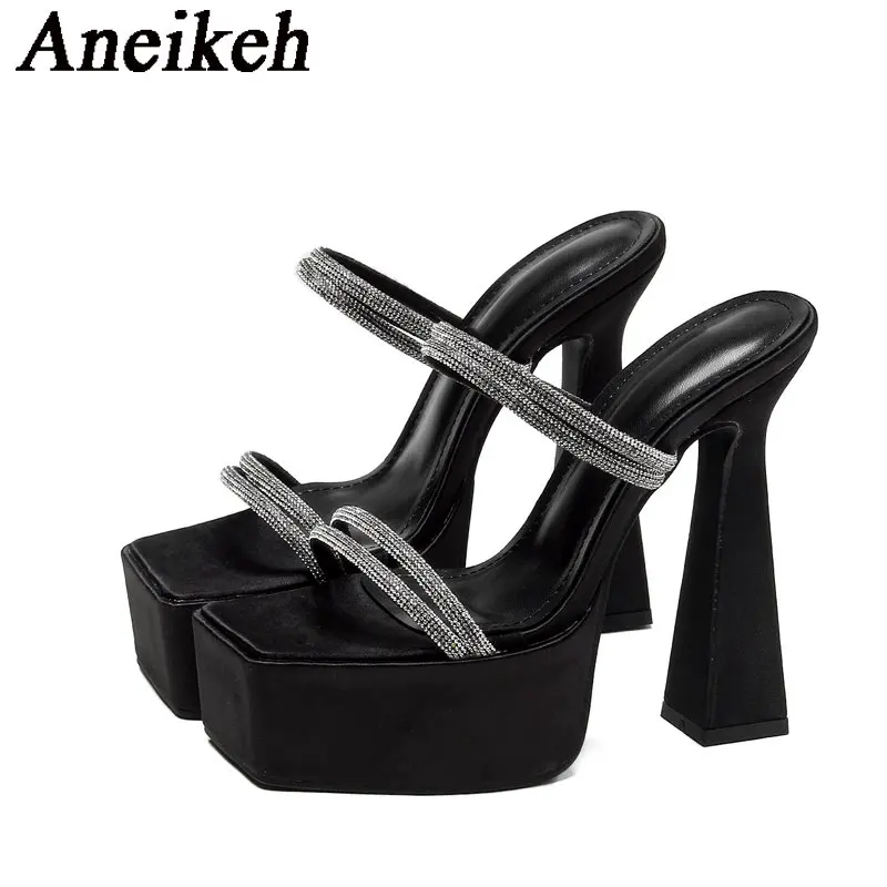 Aneikeh-Zapatos de baile de tubo de acero para mujer, calzado Sexy con punta abierta y punta cuadrada de cristal, tacones superaltos, para fiesta, 2024