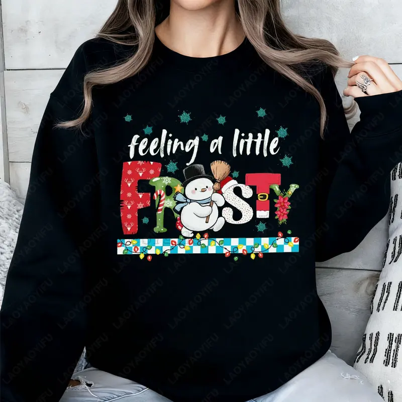 

Kawaii Retro Cartoon Feeling A Little Frosty Graphic Sweatshirt Cute Snowman Hoodies Cute Winter Crewneck Snowman Comfort Hoody
