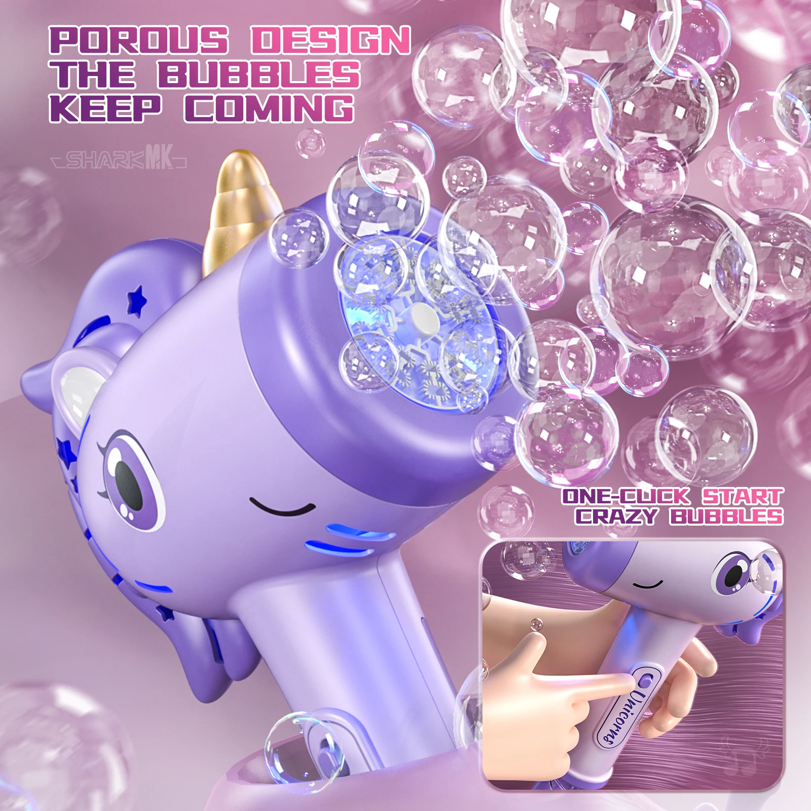 Einhorn-Seifenblasenmaschine, automatische Seifenblasenmaschine mit Fantasy-LED-Lichtern, Outdoor-Seifenblasenspielzeug für Kinder ab 3 Jahren, inklusive Seifenblasenlösung – Detail 2