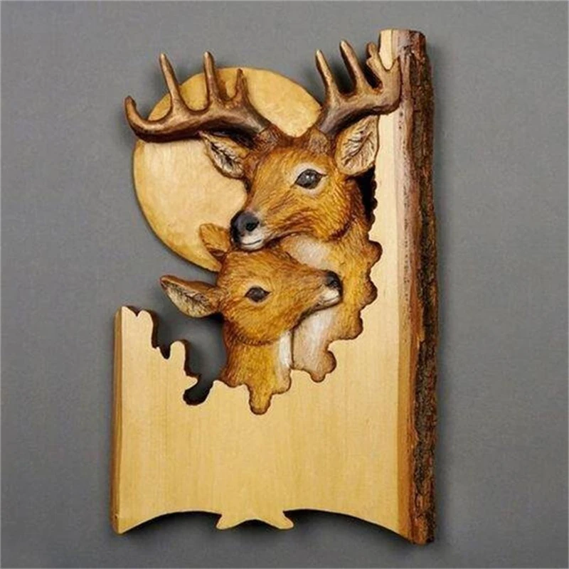 Flat Animal Handcraft Wall Hanging Sculpture Wooden Raccoon Bear Deer Wolf Fox Hand Painted Decoration for Home Living Room