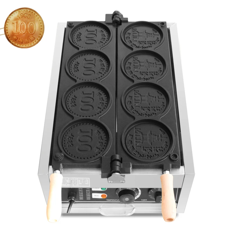 Gofre de monedas eléctrico comercial redondo, 4 Uds., mini moldes para gofres mach, máquina para hornear, molde para gofres de pollo con forma de moneda