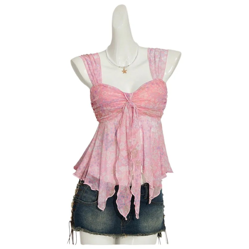 Sweet V-neck Halter Cami Top Printed Mesh Sheer Overlay Off Shoulder Top Bodycon Fit Asymmetrical Hem Tank Tops Casual Wear