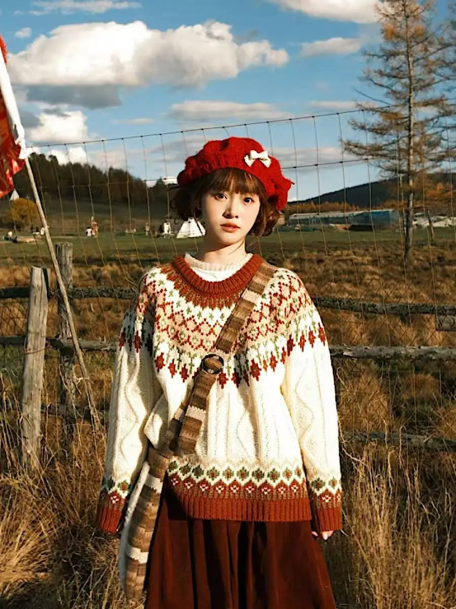 

Saint Germain ternoon Thiened Свободный свитер Fair Isle round Ne Lazy Sle Женский теплый вязаный шерстяной длинный свитер