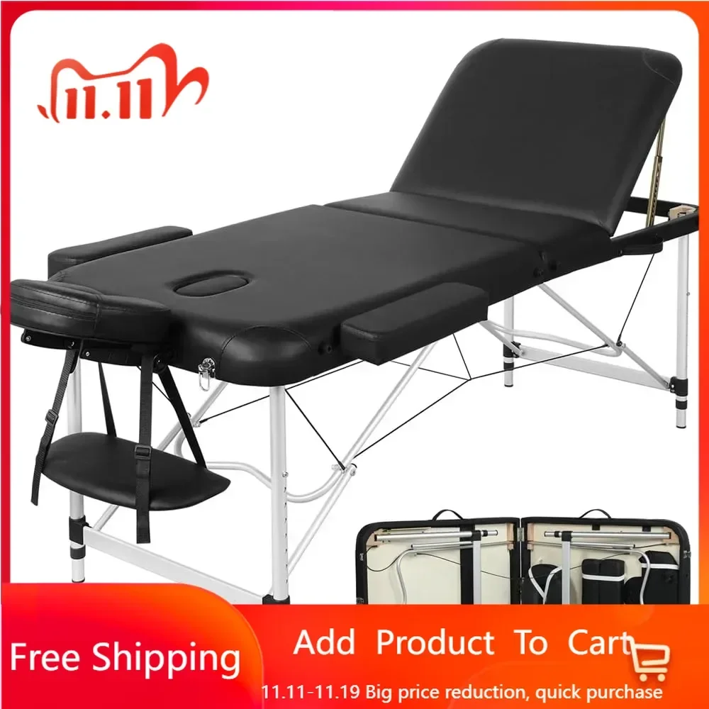 Massage Tables Portable Tattoo Table Adjustable Lash Bed Aluminium 3 Folding Spa Bed with Non-Woven Bag  Wide Bed