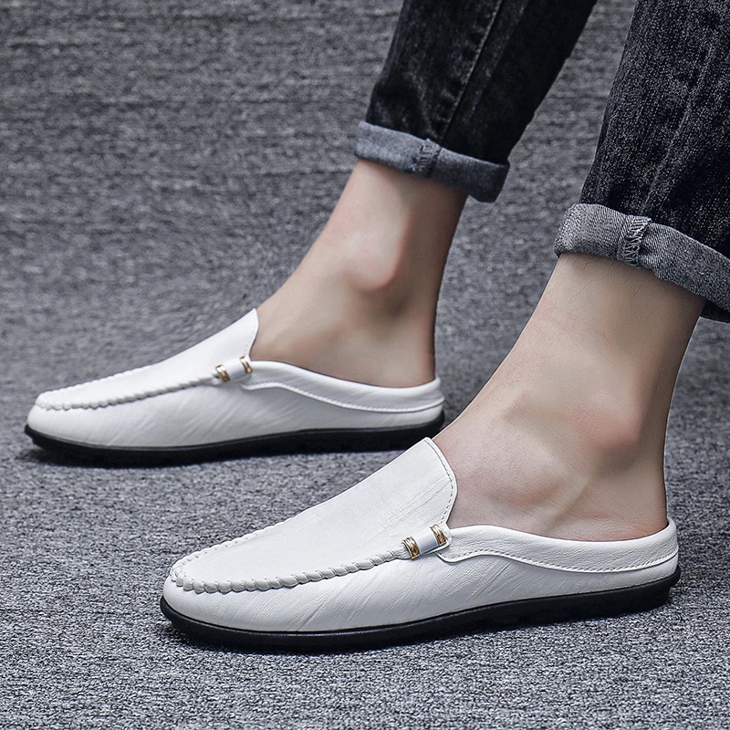 Summer White Half Shoes For Men Dress Shoes Mules Man Slides Leather Casual Shoes Backless Loafers Slippers Flats Sandals 2023