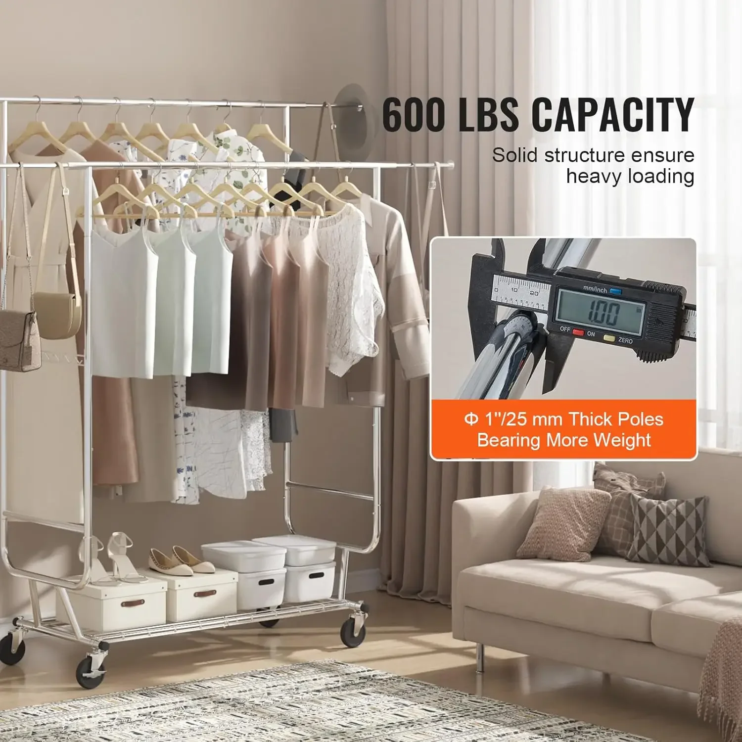 Heavy Duty Clothes Rack, Double Hanging Rod Clothing Garment Rack for Hanging Clothes