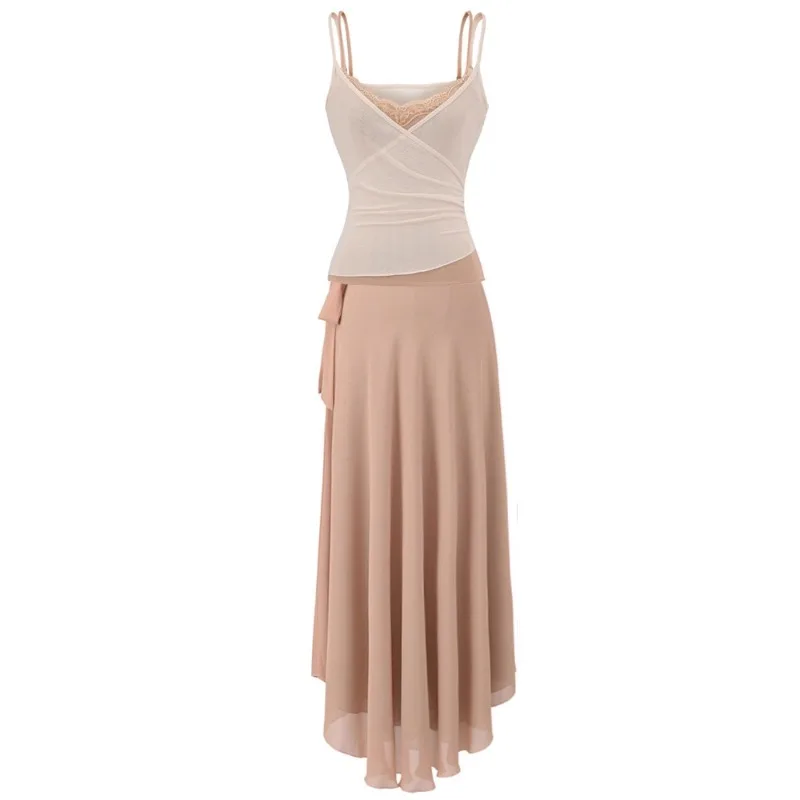 

French Design Sense Fashion Temperament Lace Splicing Suspender Skirt Two-piece Set