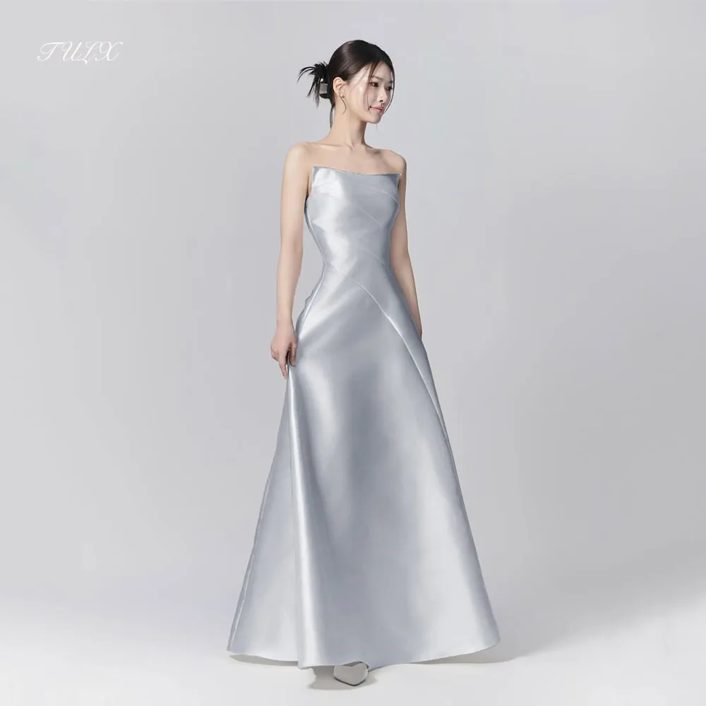 

TULX Simple Satin Evening Dress Korea Wedding Photo Shoot Strapless Sleeveless A line Floor Length Party Dress Corset Customized
