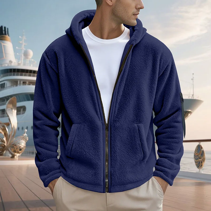 

2025 Мужская зимняя новая двусторонняя арктическая флисовая теплая повседневная куртка на молнии с капюшоном, уличная одежда