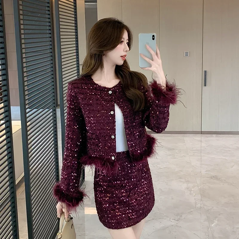 Luxurious Sequin Two-piece Set for Women Female Office Lady Autumn/Winter New High-end Short Blazer + Skirt Classic Style Sets