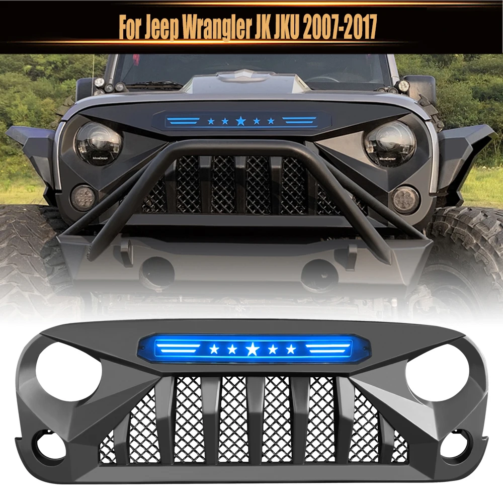 

For Jeep Wrangler JK JKU 2007-2017 Mesh Mask Cover W/LED Auto Grill Grills Exterior Accesories Front Racing Grille Grills Fit