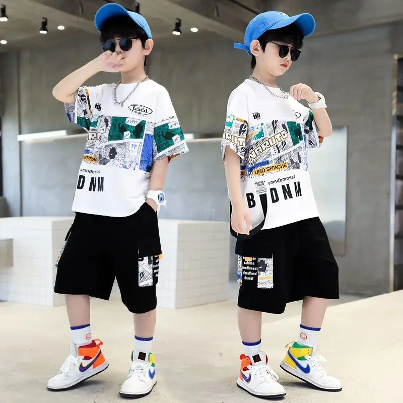 

Summer Clothing For Boys Short Sleeve Sets Fashion Letters Patchwork Print Top & Pants 2 Piece Suits Children Outfits Costums