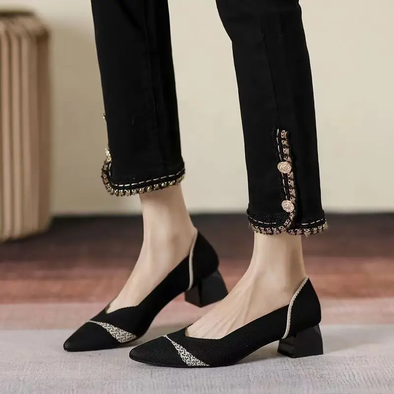 New 2023 Women\'s Shoes Fashion Pointed High Heel Elastic Knitted Breathable Latex Sweat-absorbing insole Non slip Rubber Sole Sh