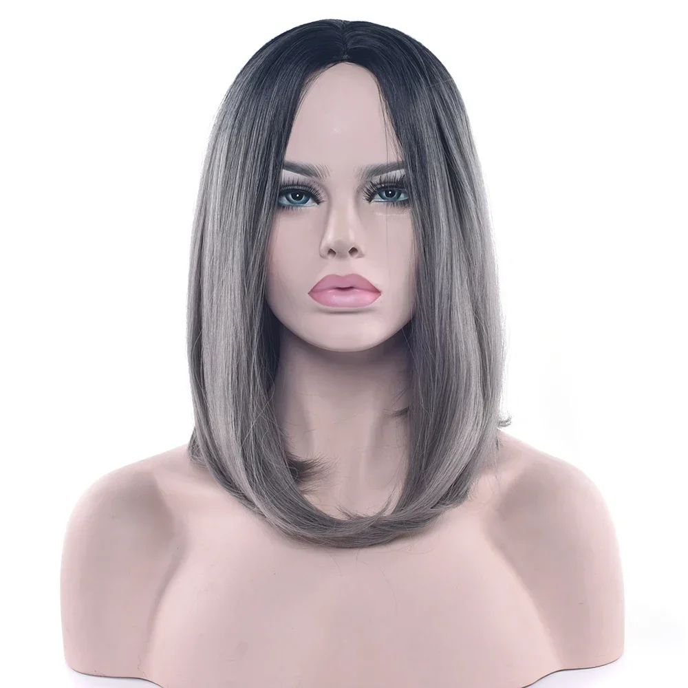 Synthetic Hair Ombre Grey Hair Bob Style Short Wigs for Black Women Party Cosplay Wig Costumes Accessories